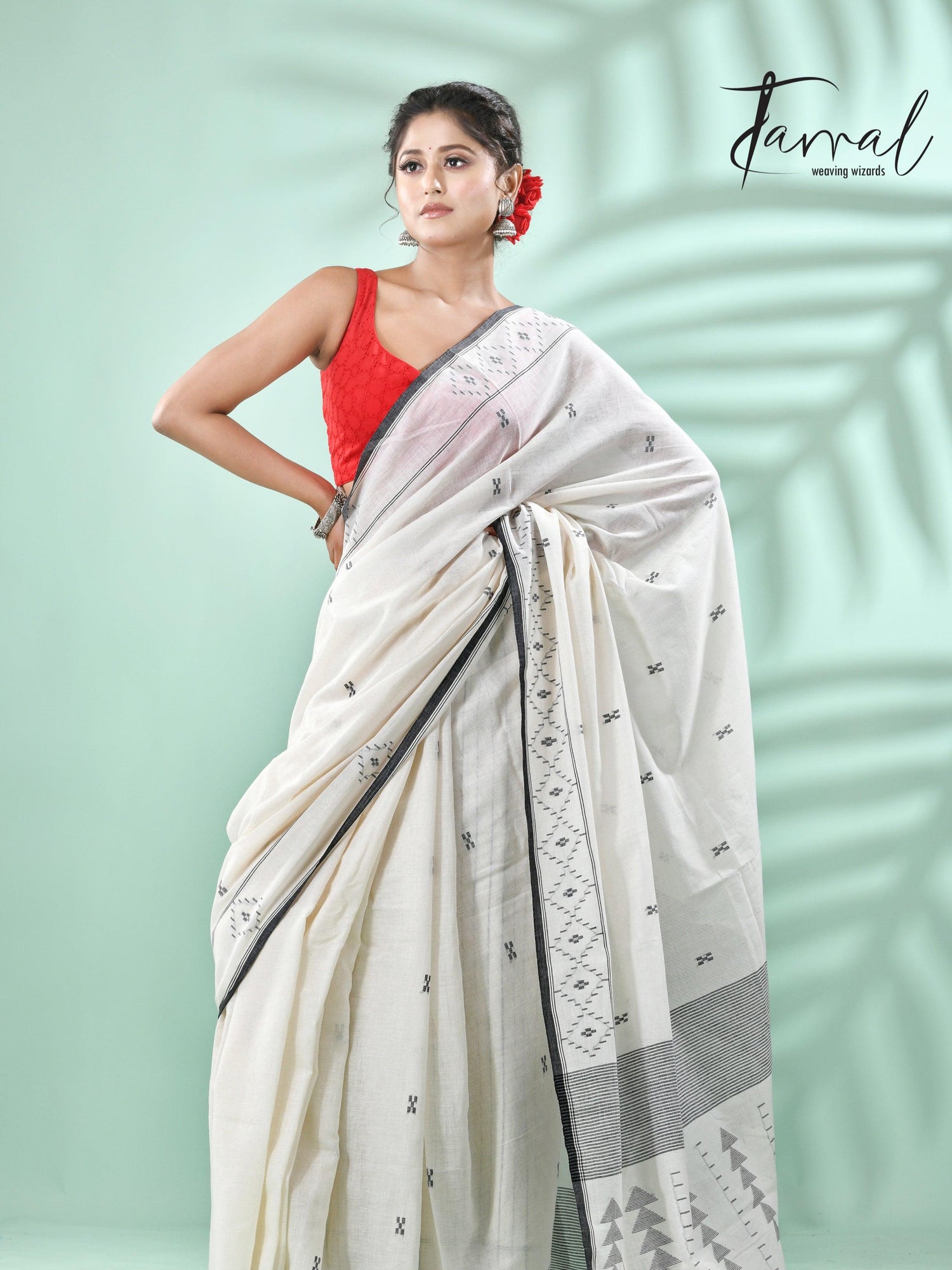 Offwhite with black net design cotton handwoven jamdani saree