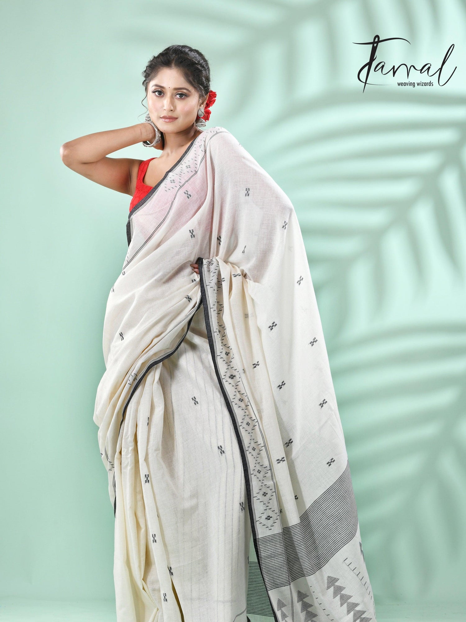 Offwhite with black net design cotton handwoven jamdani saree