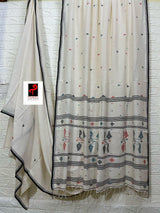 Offwhite with black border cotton traditional pallu handwoven needle work jamdani saree - Tamal Boutique