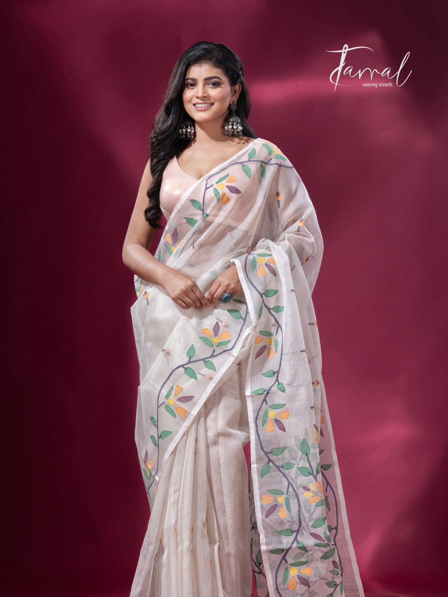 Offwhite with floral border muslin silk handwoven jamdani saree