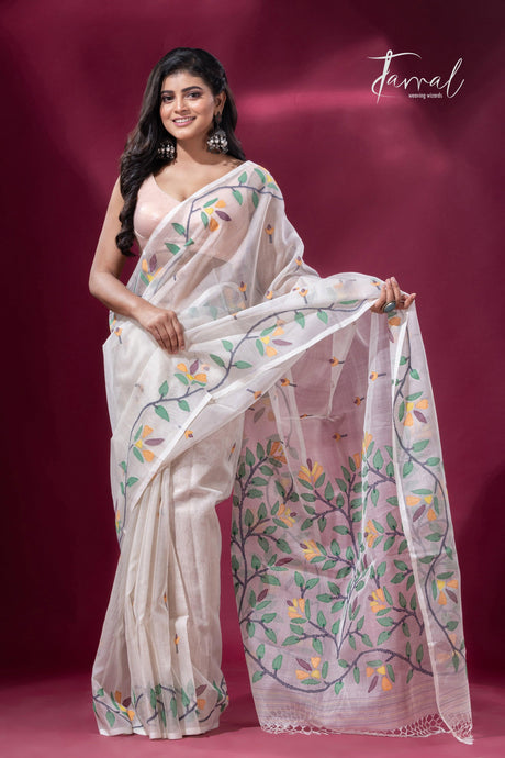 Offwhite with floral border muslin silk handwoven jamdani saree full2