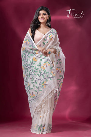 Offwhite with floral border muslin silk handwoven jamdani saree full3