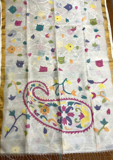 Offwhite with multi colour allover floral organza silk handwoven jamdani saree - Tamal Boutique