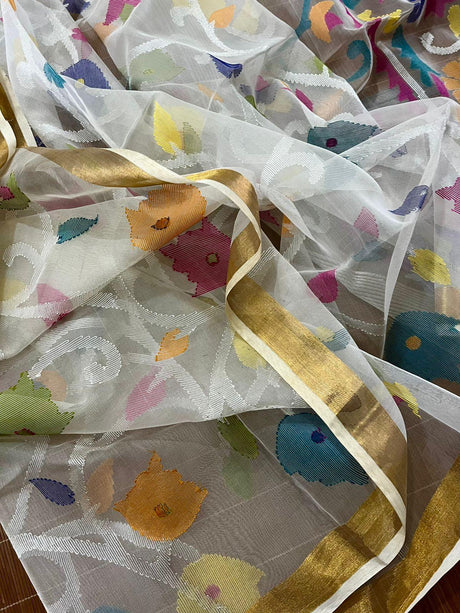 Offwhite with multi colour allover floral organza silk handwoven jamdani saree - Tamal Boutique
