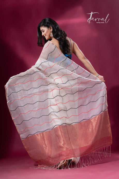Offwhite with half silk half linen handwoven jamdani saree back
