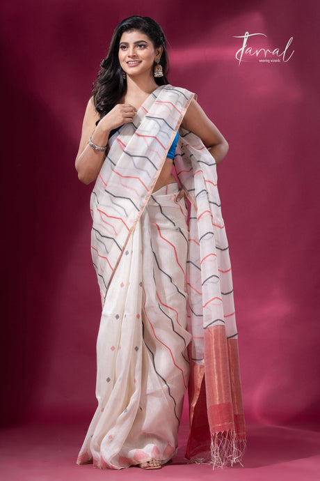 Offwhite with half silk half linen handwoven jamdani saree full1