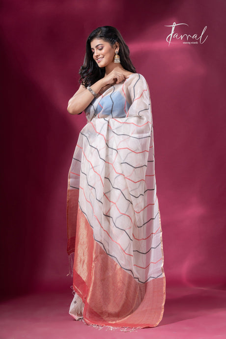 Offwhite with half silk half linen handwoven jamdani saree left