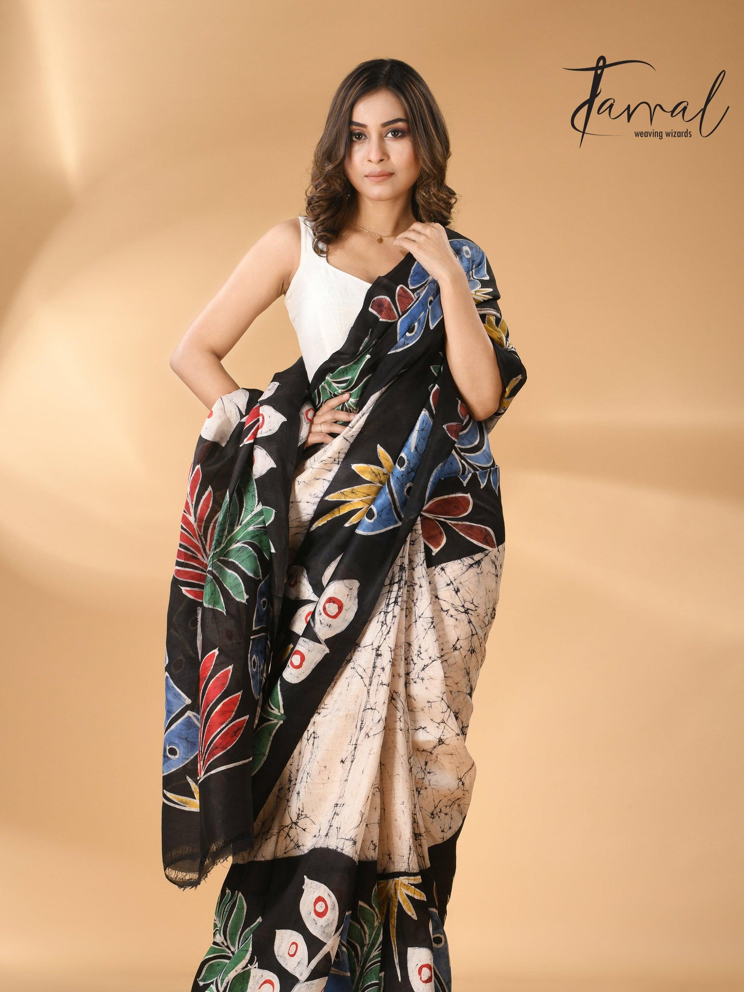 Offwhite with leaves design handcrafted pure batik silk saree