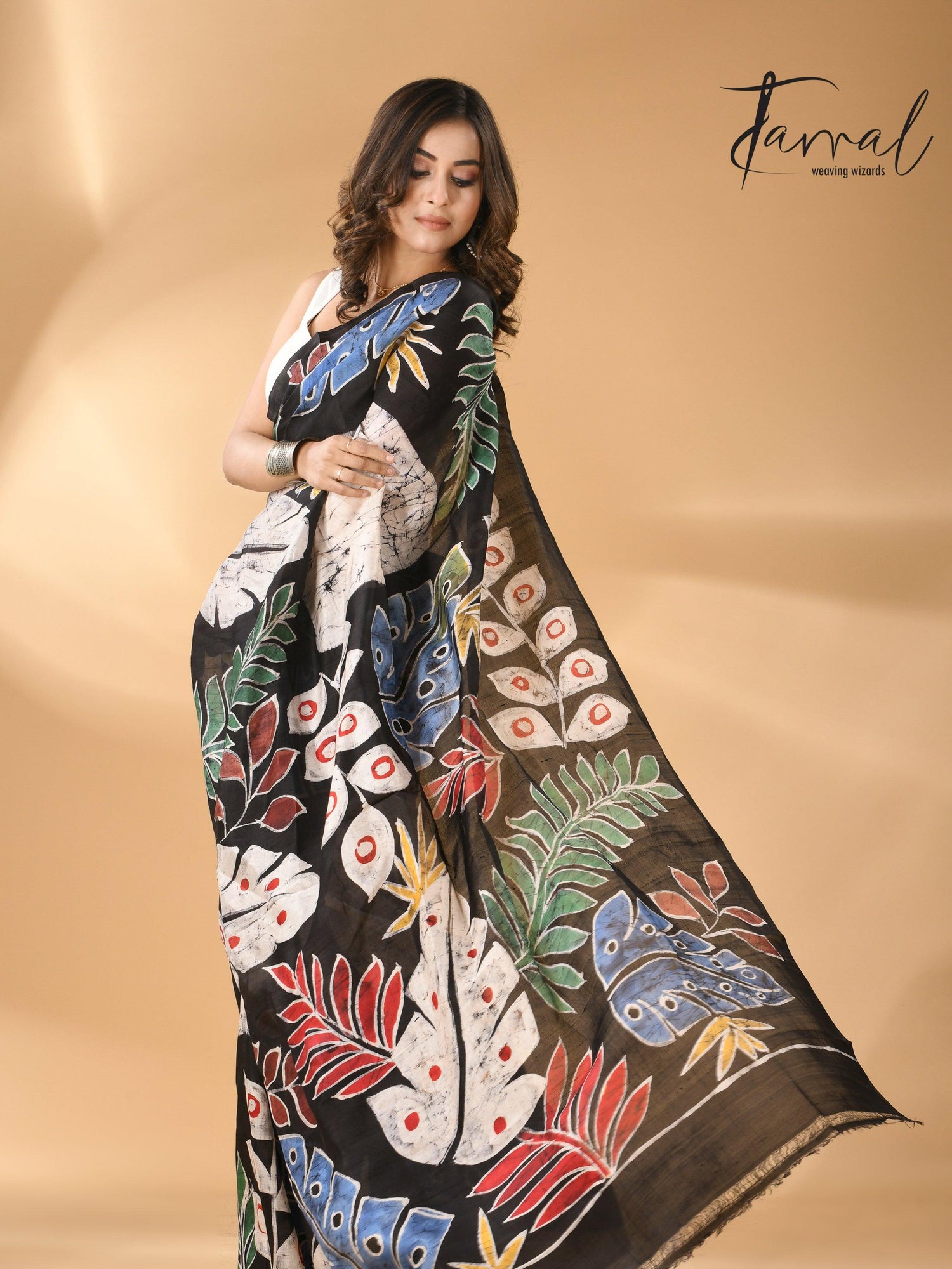Offwhite with leaves design handcrafted pure batik silk saree