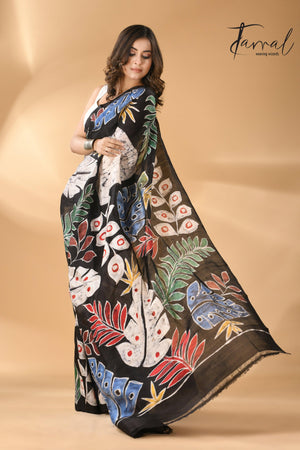 Offwhite with leaves design handcrafted pure batik silk saree