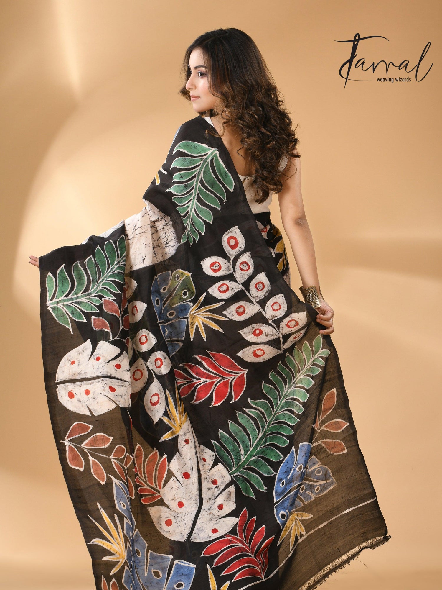 Offwhite with leaves design handcrafted pure batik silk saree