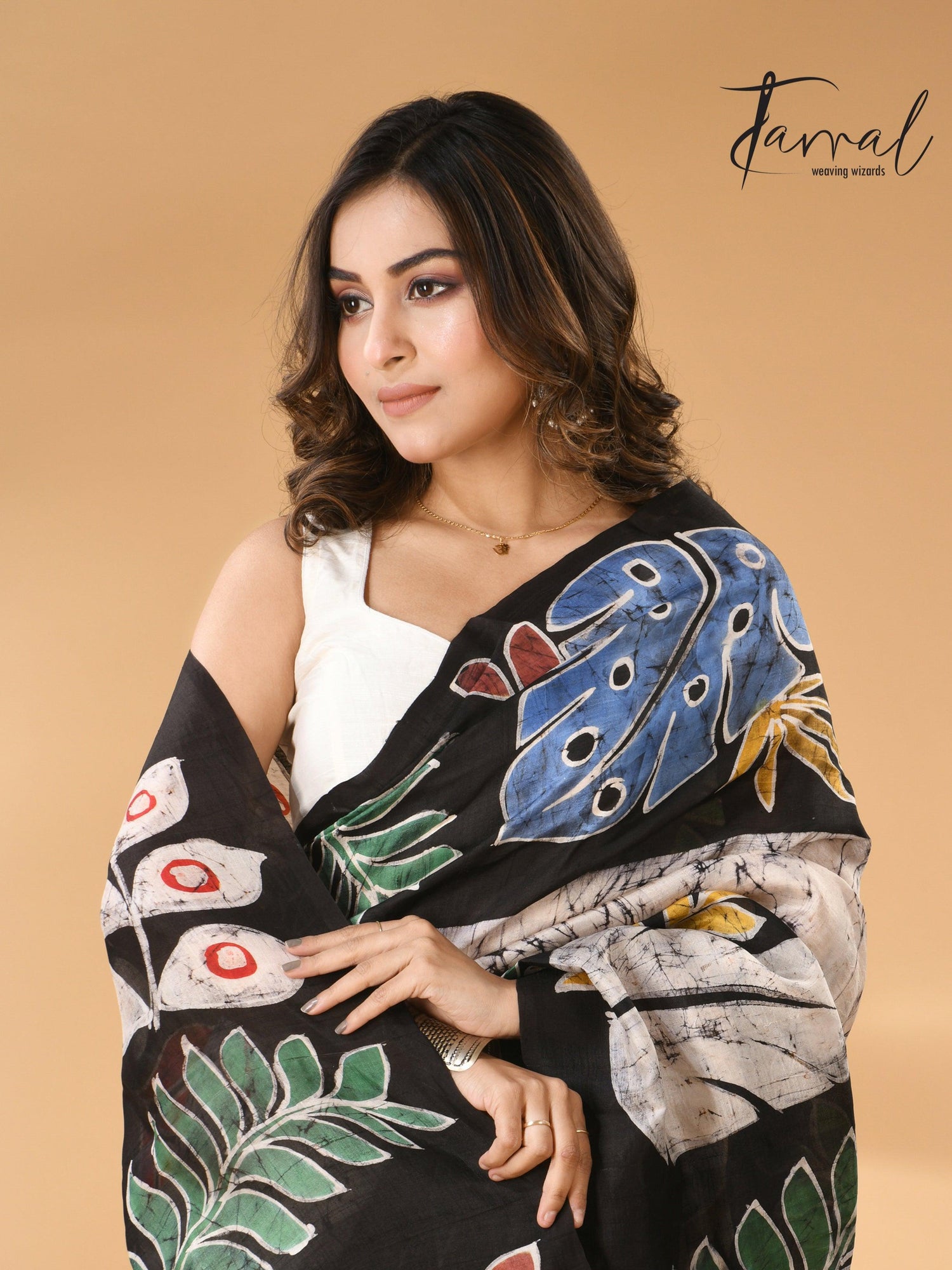 Offwhite with leaves design handcrafted pure batik silk saree