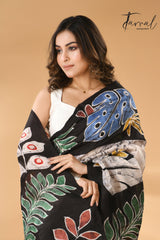 Offwhite with leaves design handcrafted pure batik silk saree