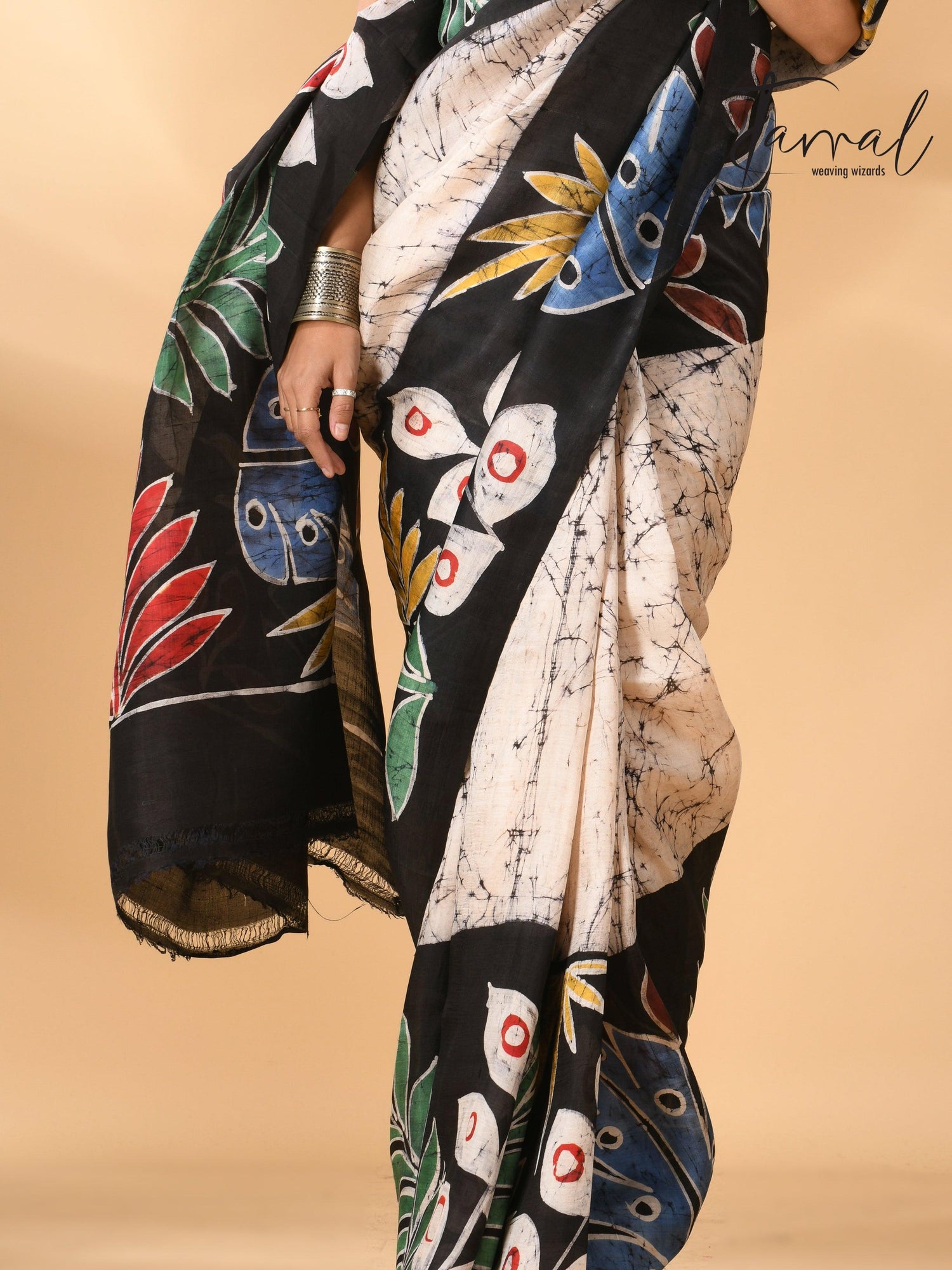 Offwhite with leaves design handcrafted pure batik silk saree