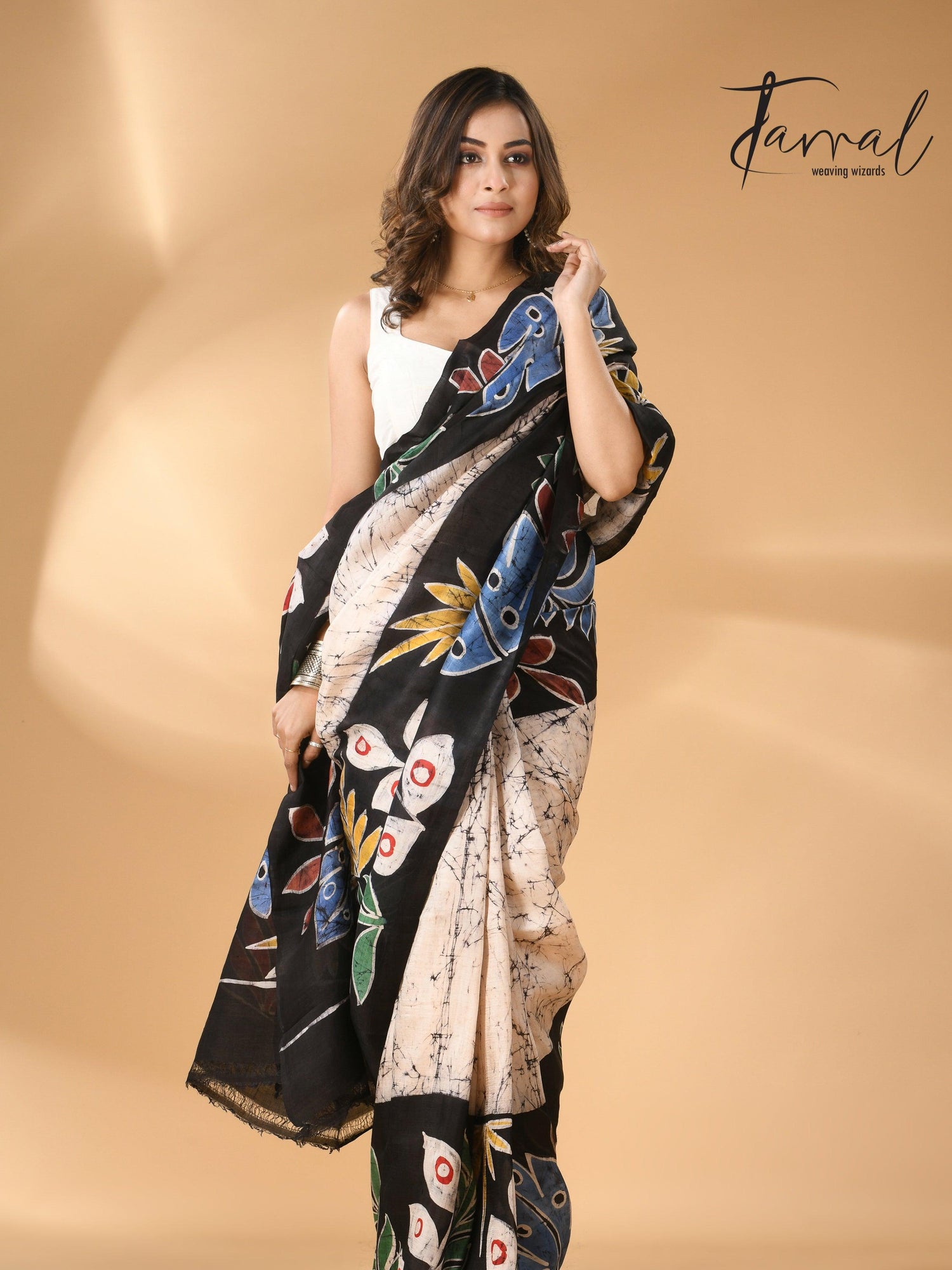 Offwhite with leaves design handcrafted pure batik silk saree