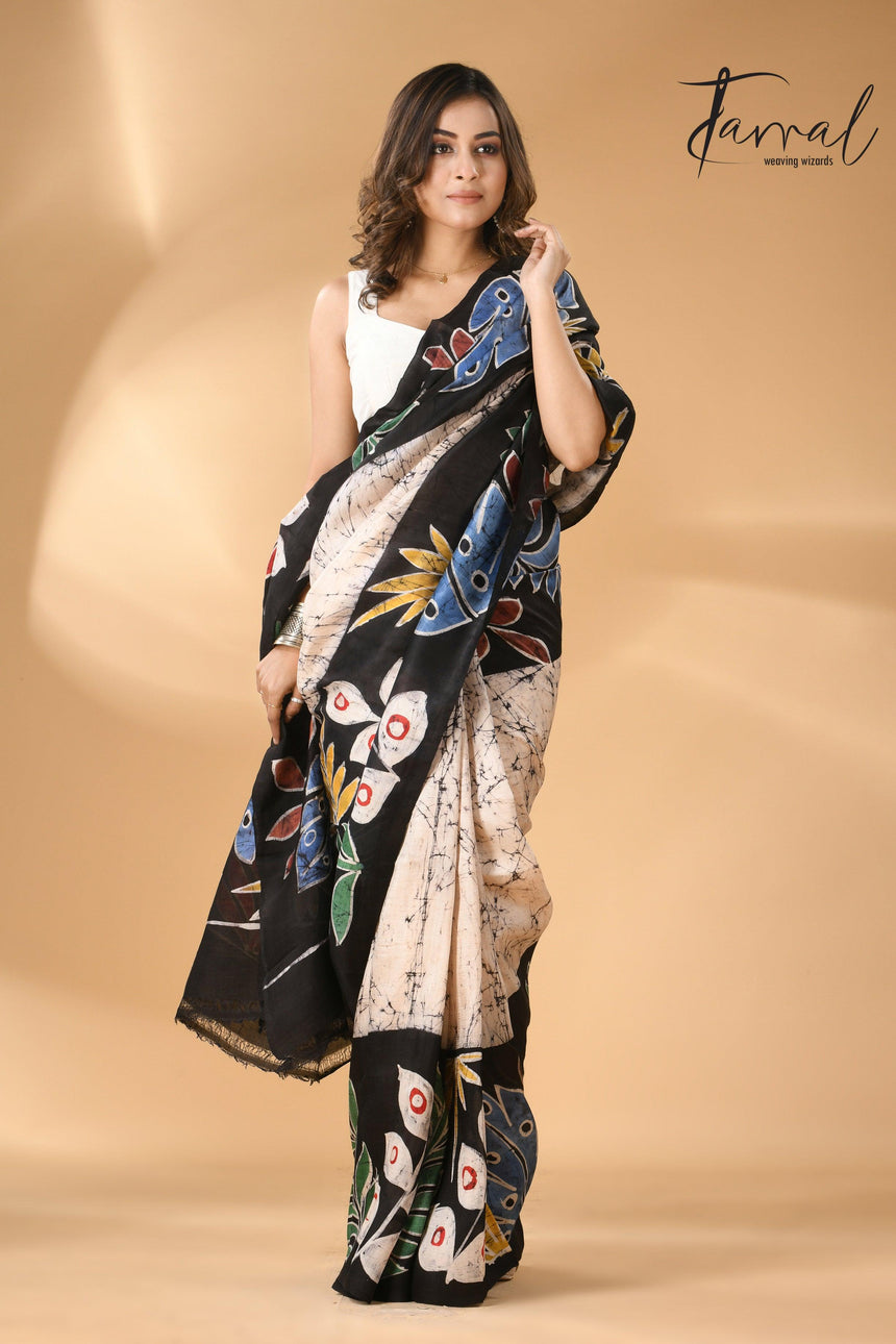 Offwhite with leaves design handcrafted pure batik silk saree