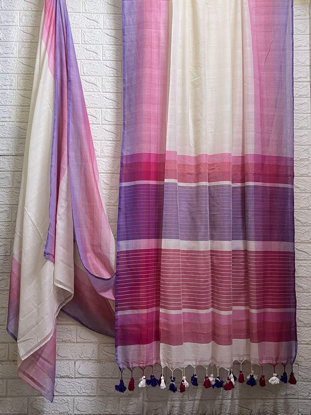 Offwhite with multi colour border mul cotton handloom saree