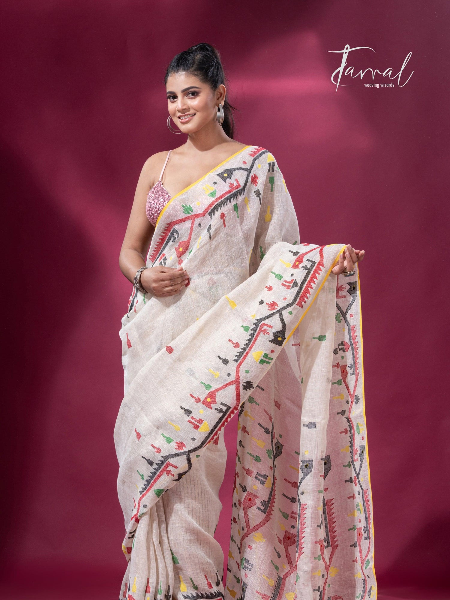 Offwhite with yellow border multicolour traditional dhakai handwoven jamdani pure linen - Tamal Boutique