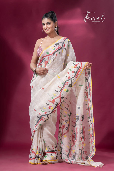 Offwhite with yellow border multicolour traditional dhakai handwoven jamdani pure linen - Tamal Boutique