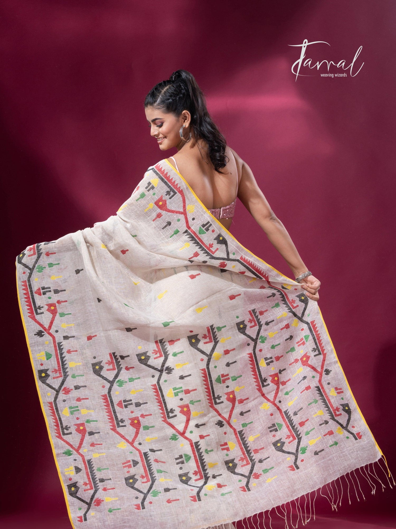 Offwhite with yellow border multicolour traditional dhakai handwoven jamdani pure linen - Tamal Boutique