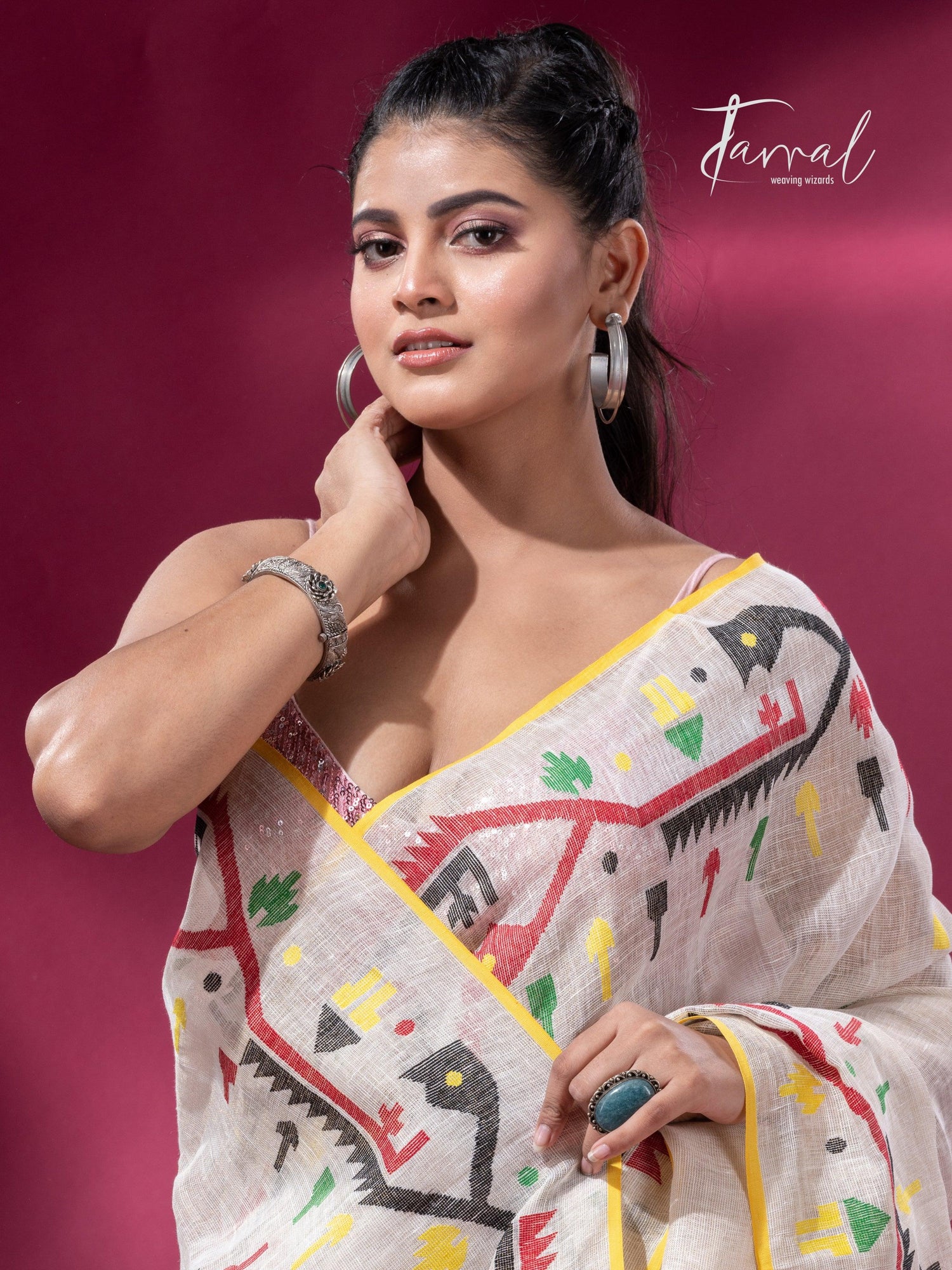 Offwhite with yellow border multicolour traditional dhakai handwoven jamdani pure linen - Tamal Boutique