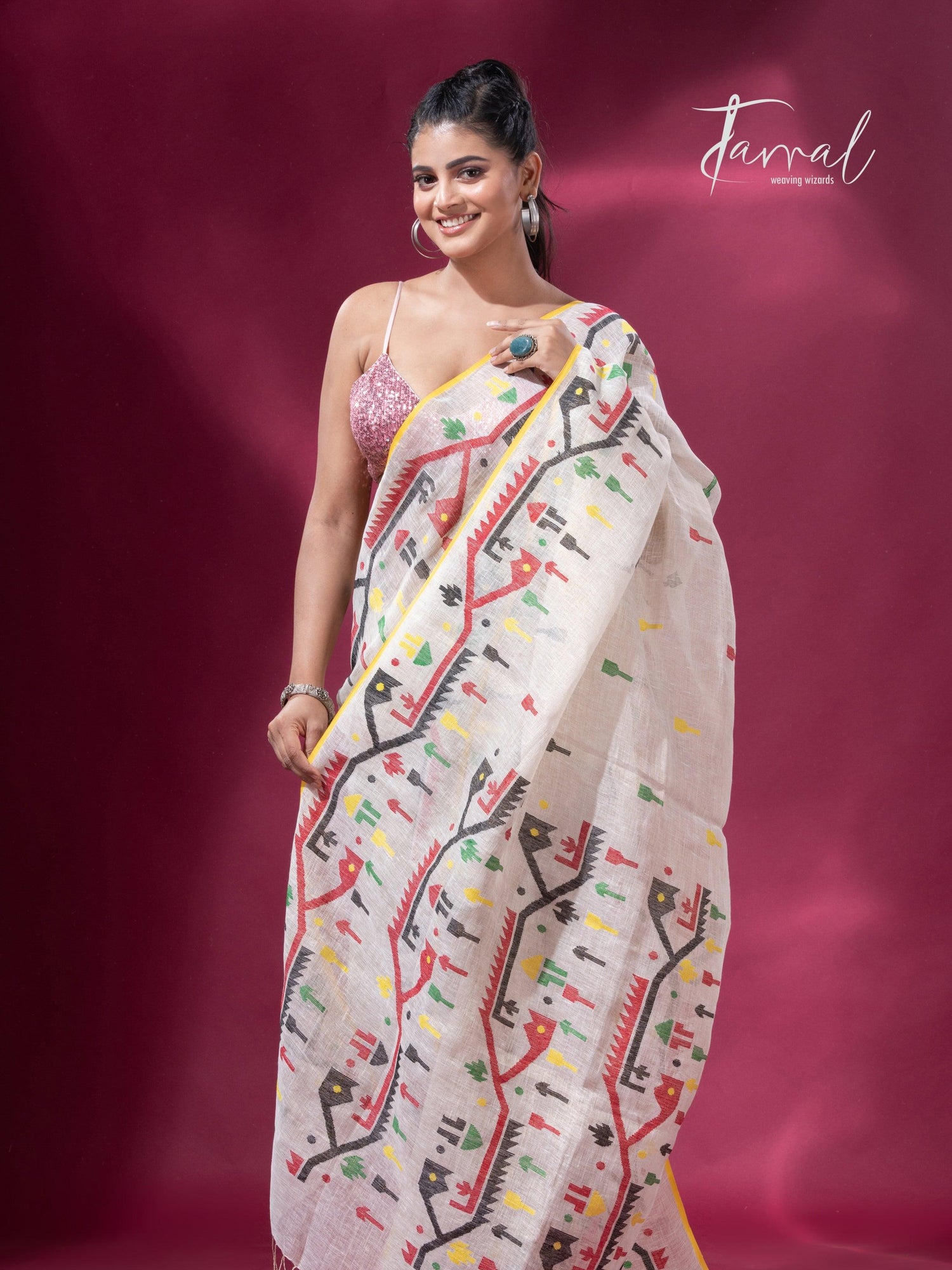 Offwhite with yellow border multicolour traditional dhakai handwoven jamdani pure linen - Tamal Boutique