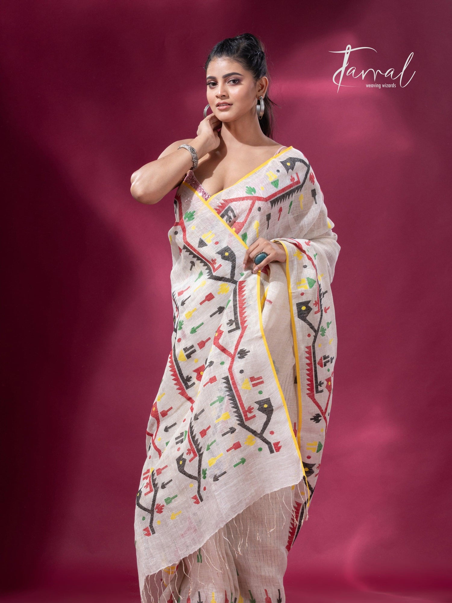 Offwhite with yellow border multicolour traditional dhakai handwoven jamdani pure linen - Tamal Boutique