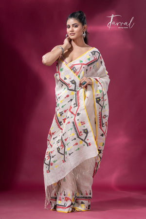Offwhite with yellow border multicolour traditional dhakai handwoven jamdani pure linen - Tamal Boutique