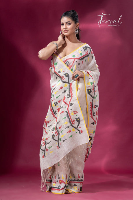 Offwhite with yellow border multicolour traditional dhakai handwoven jamdani pure linen - Tamal Boutique