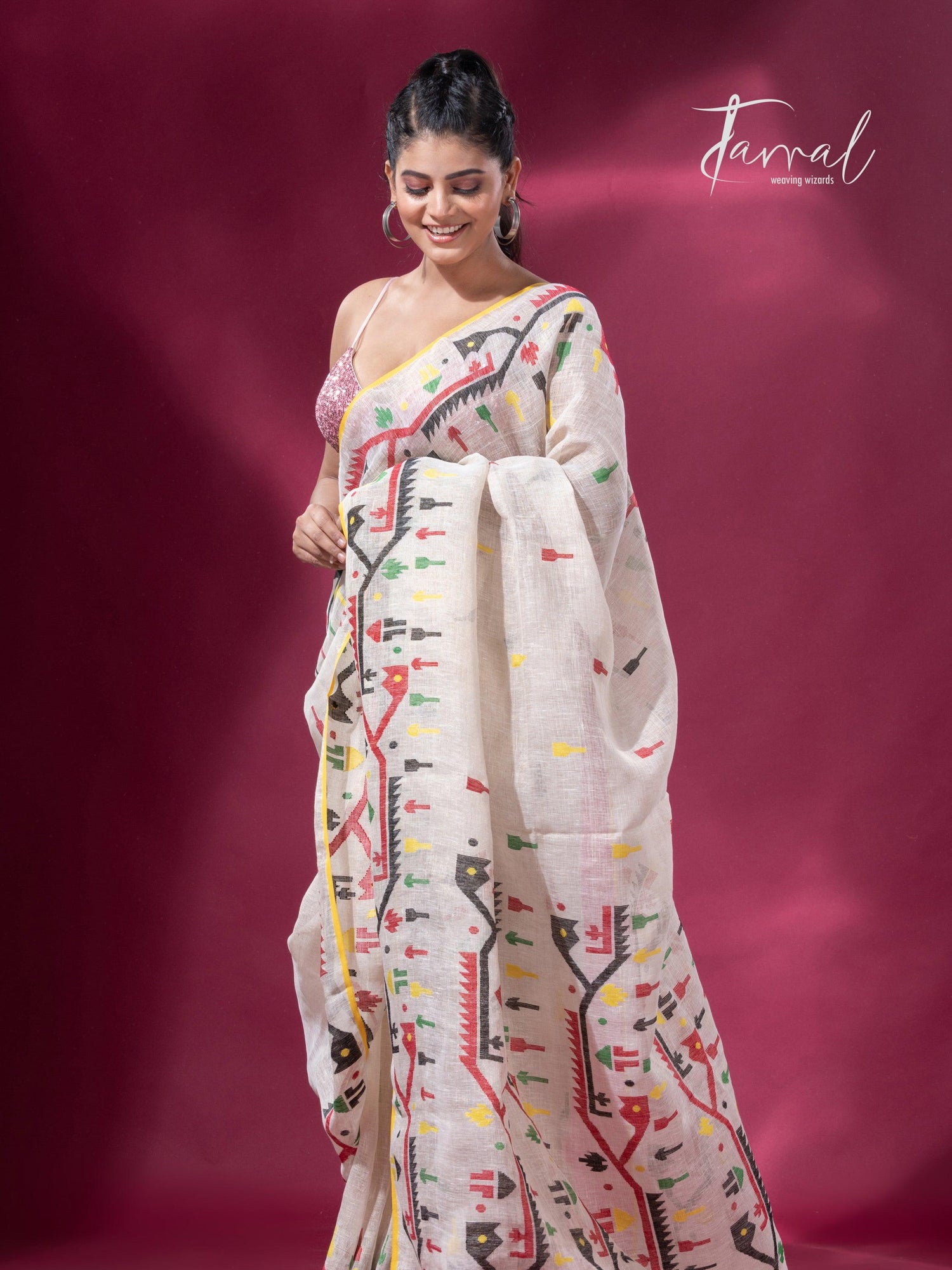 Offwhite with yellow border multicolour traditional dhakai handwoven jamdani pure linen - Tamal Boutique