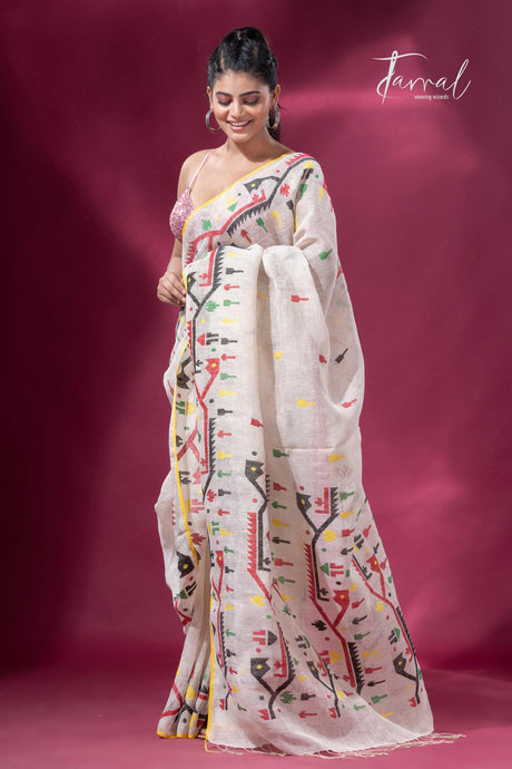 Offwhite with yellow border multicolour traditional dhakai handwoven jamdani pure linen - Tamal Boutique