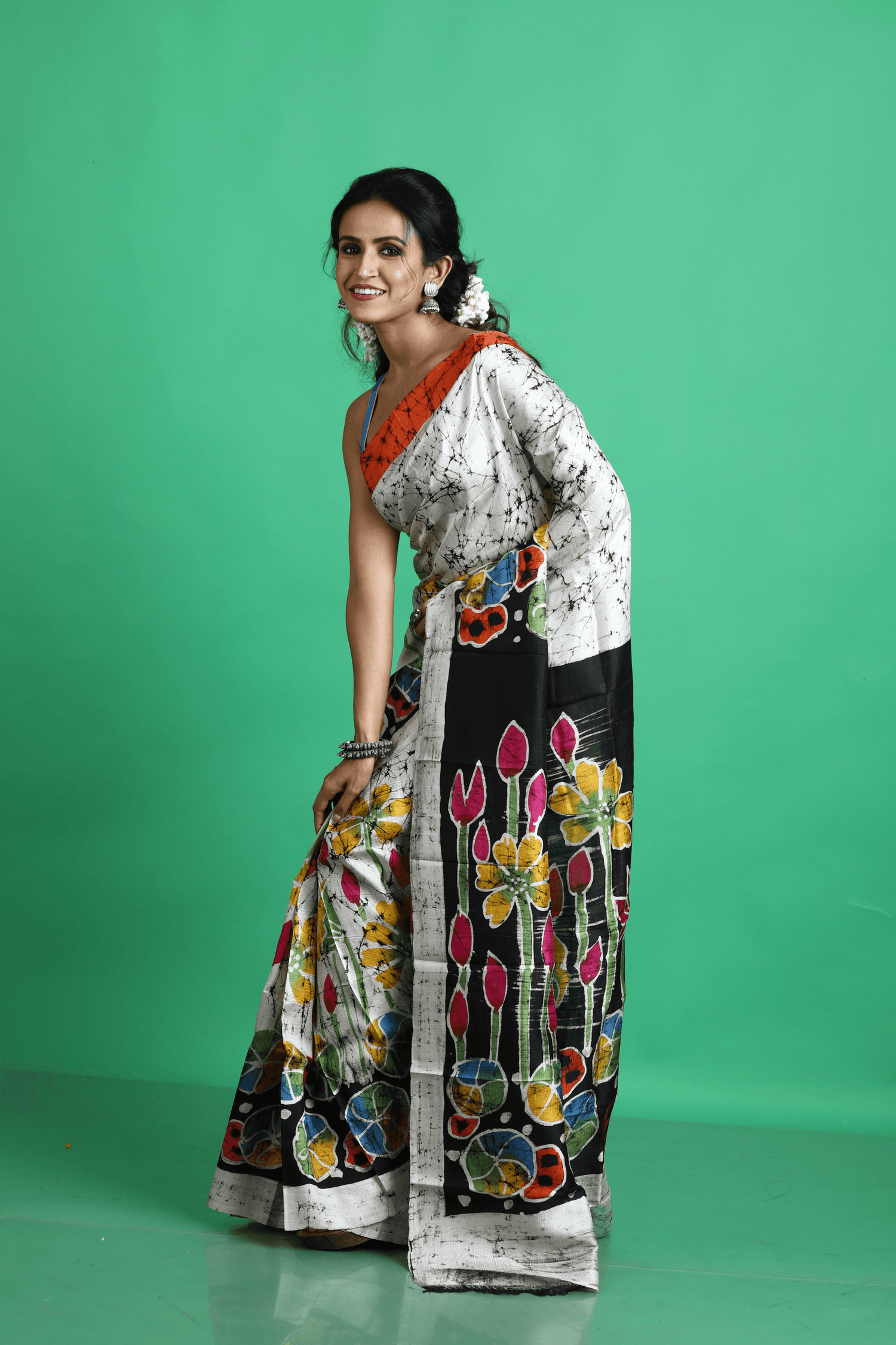 Offwhite with multicolor lotus handcrafted batik silk saree