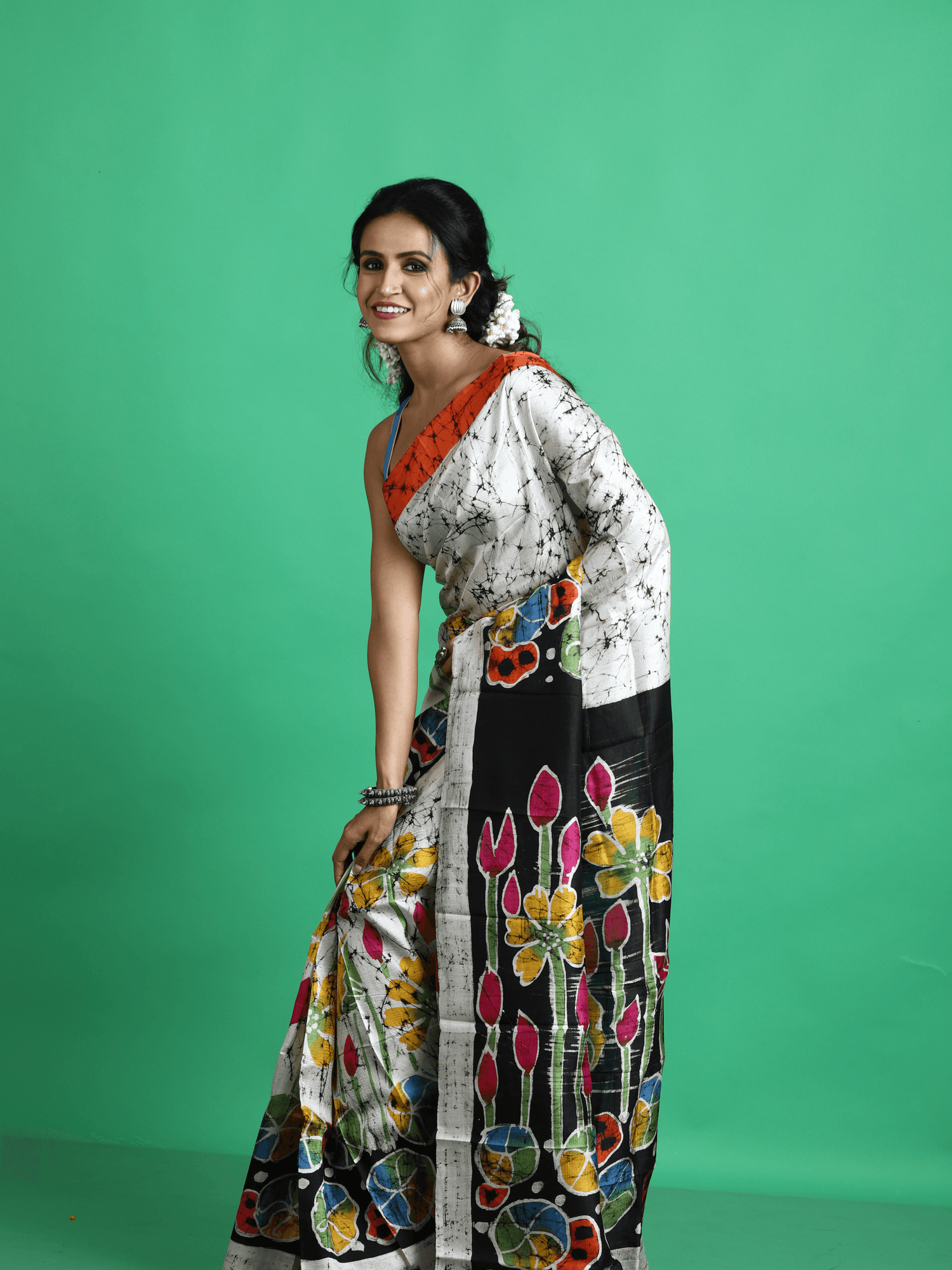 Offwhite with multicolor lotus handcrafted batik silk saree