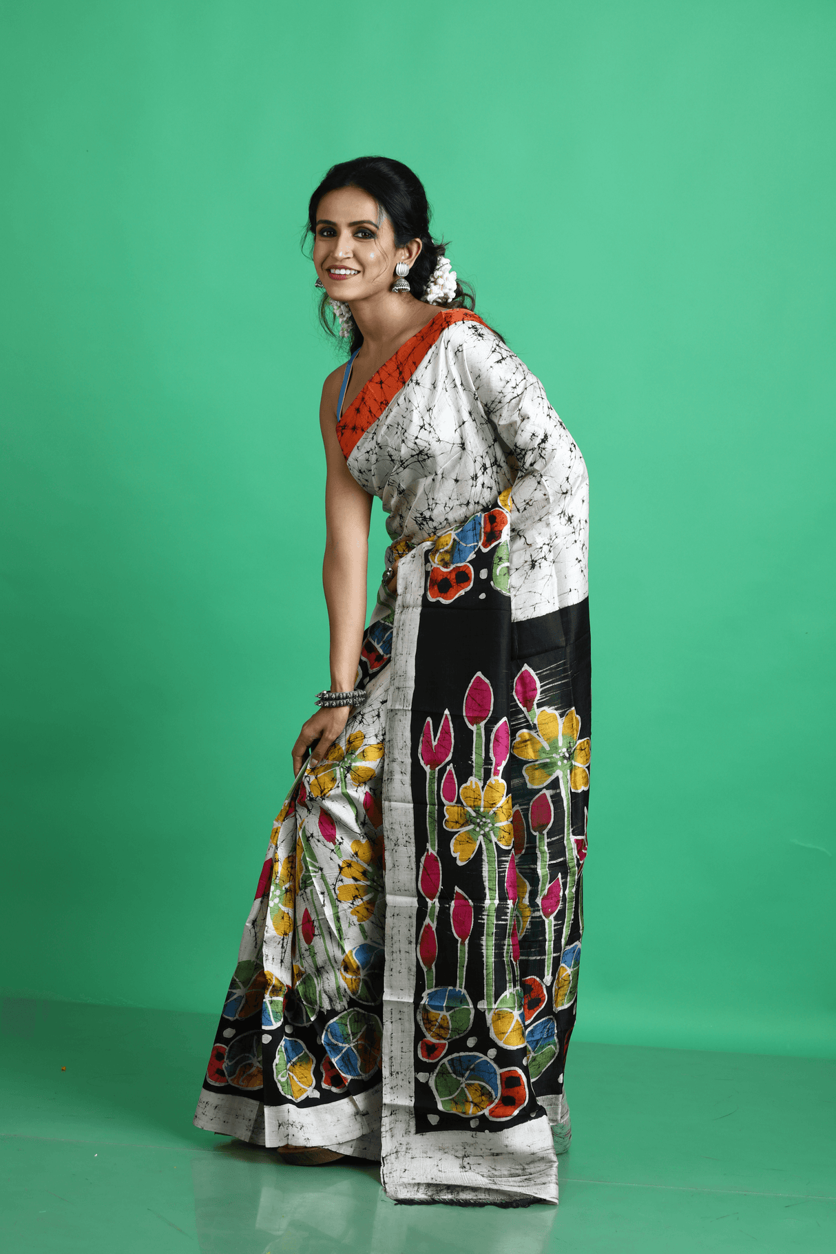 Offwhite with multicolor lotus handcrafted batik silk saree
