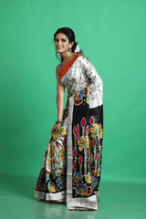 Offwhite with multicolor lotus handcrafted batik silk saree