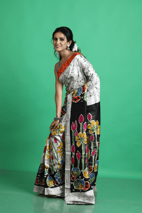 Offwhite with multicolor lotus handcrafted batik silk saree