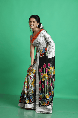 Offwhite with multicolor lotus handcrafted batik silk saree