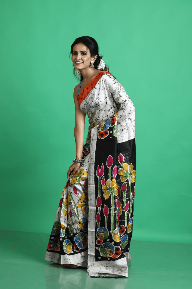 Offwhite with multicolor lotus handcrafted batik silk saree