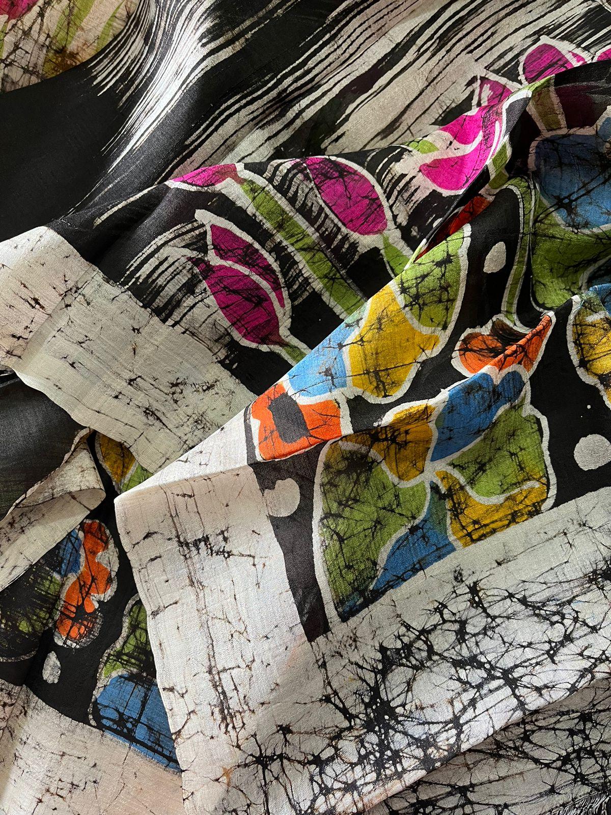 Offwhite with multicolor lotus handcrafted batik silk saree