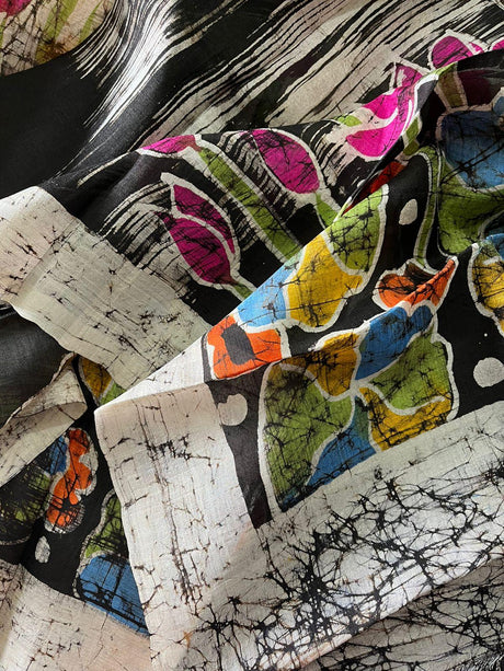 Offwhite with multicolor lotus handcrafted batik silk saree