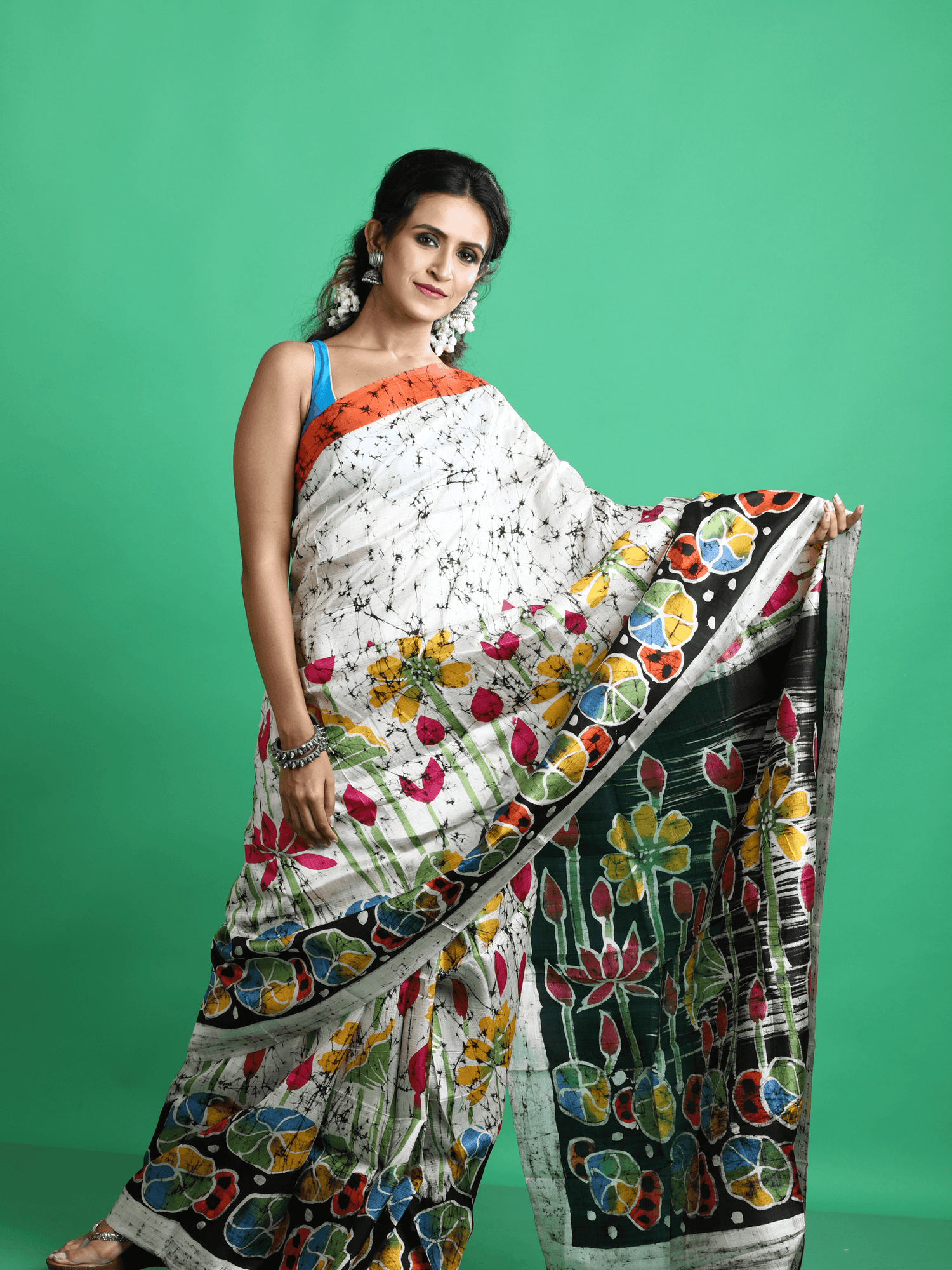 Offwhite with multicolor lotus handcrafted batik silk saree