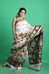 Offwhite with multicolor lotus handcrafted batik silk saree