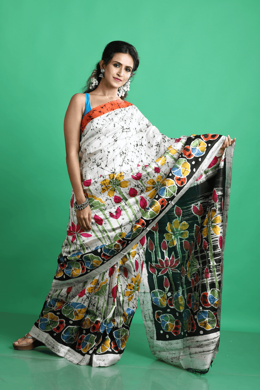 Offwhite with multicolor lotus handcrafted batik silk saree