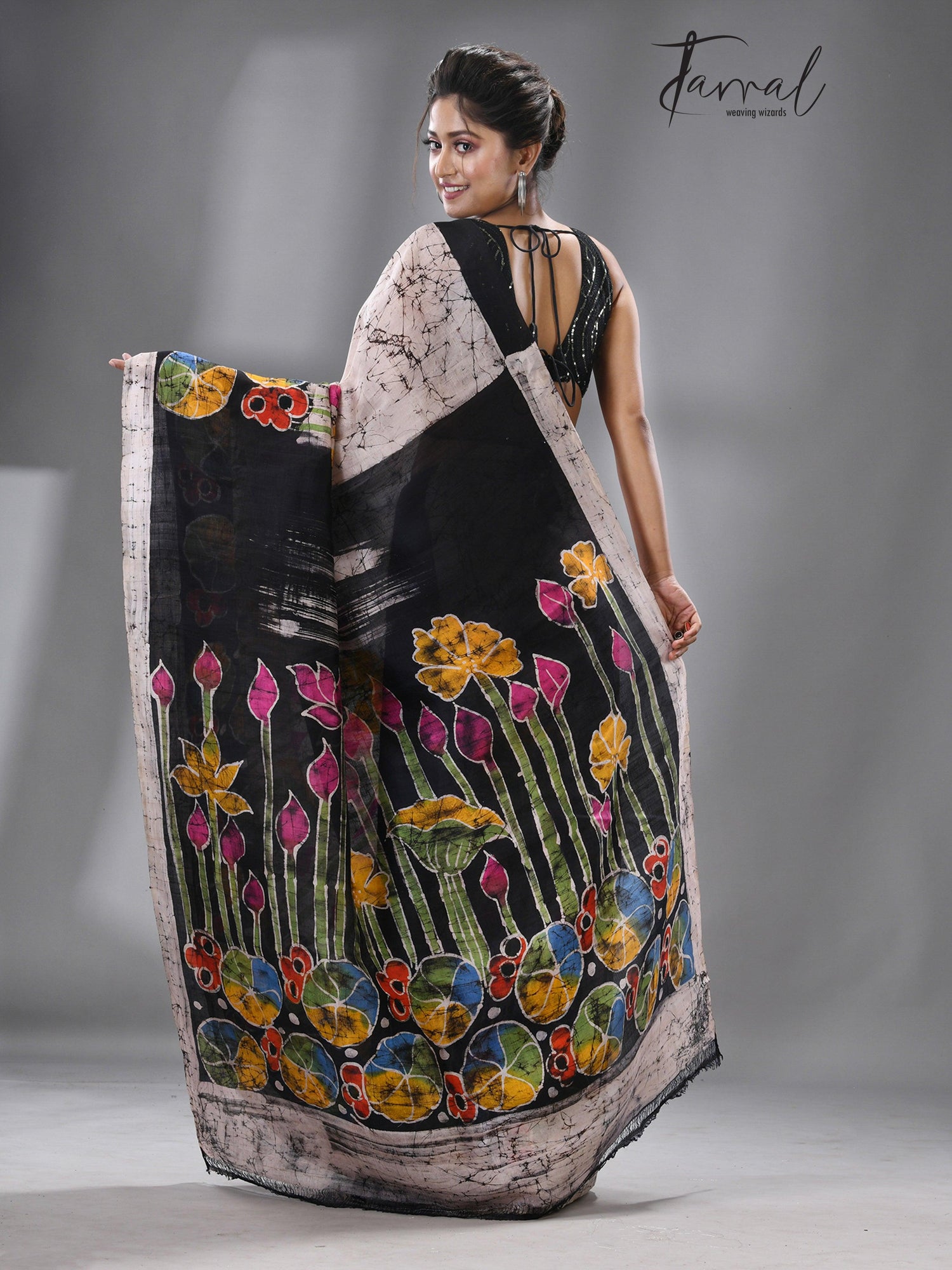 Offwhite with multicolour Ivory Lotus Blossom Batik Silk Saree