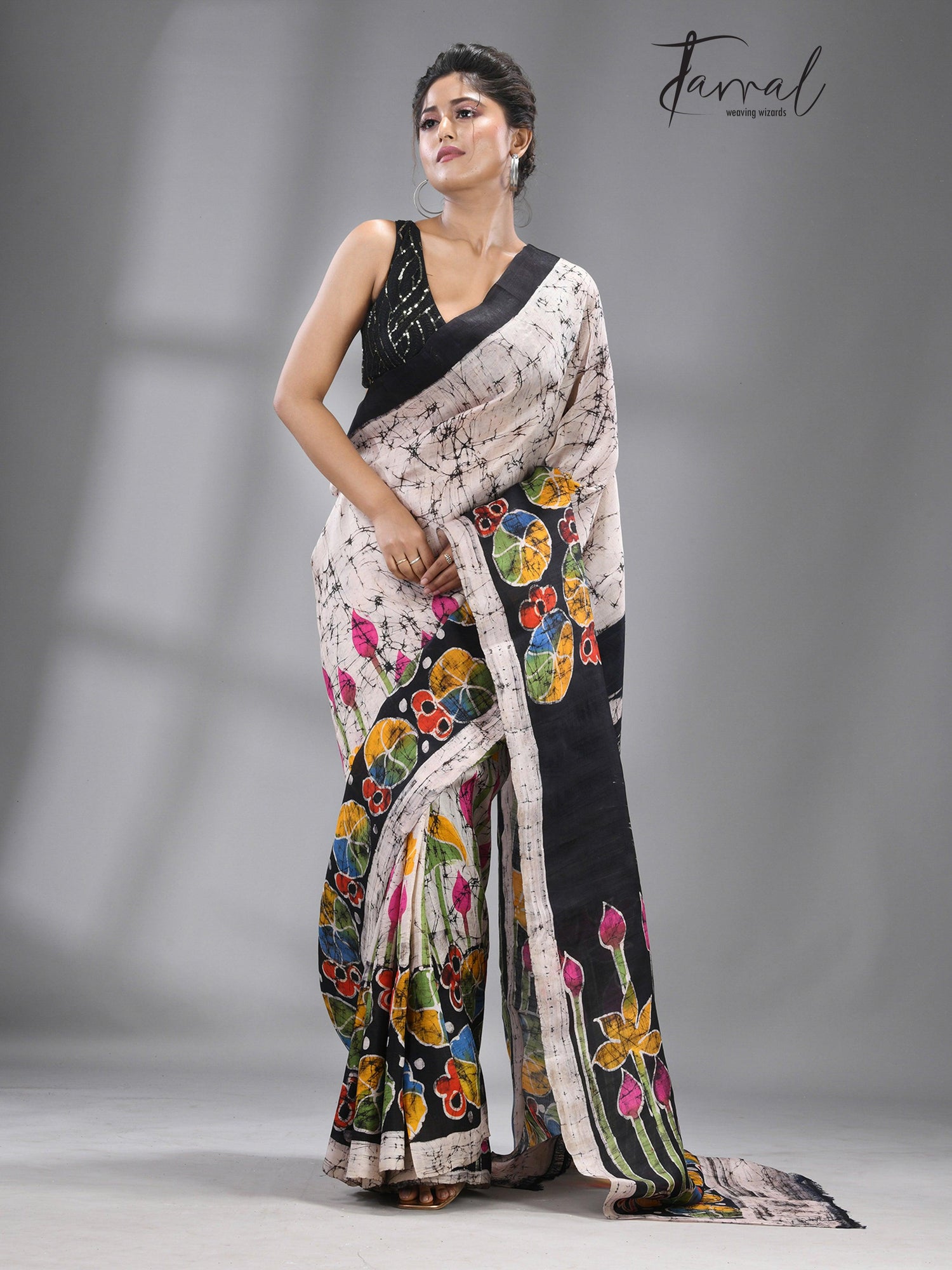 Offwhite with multicolour Ivory Lotus Blossom Batik Silk Saree