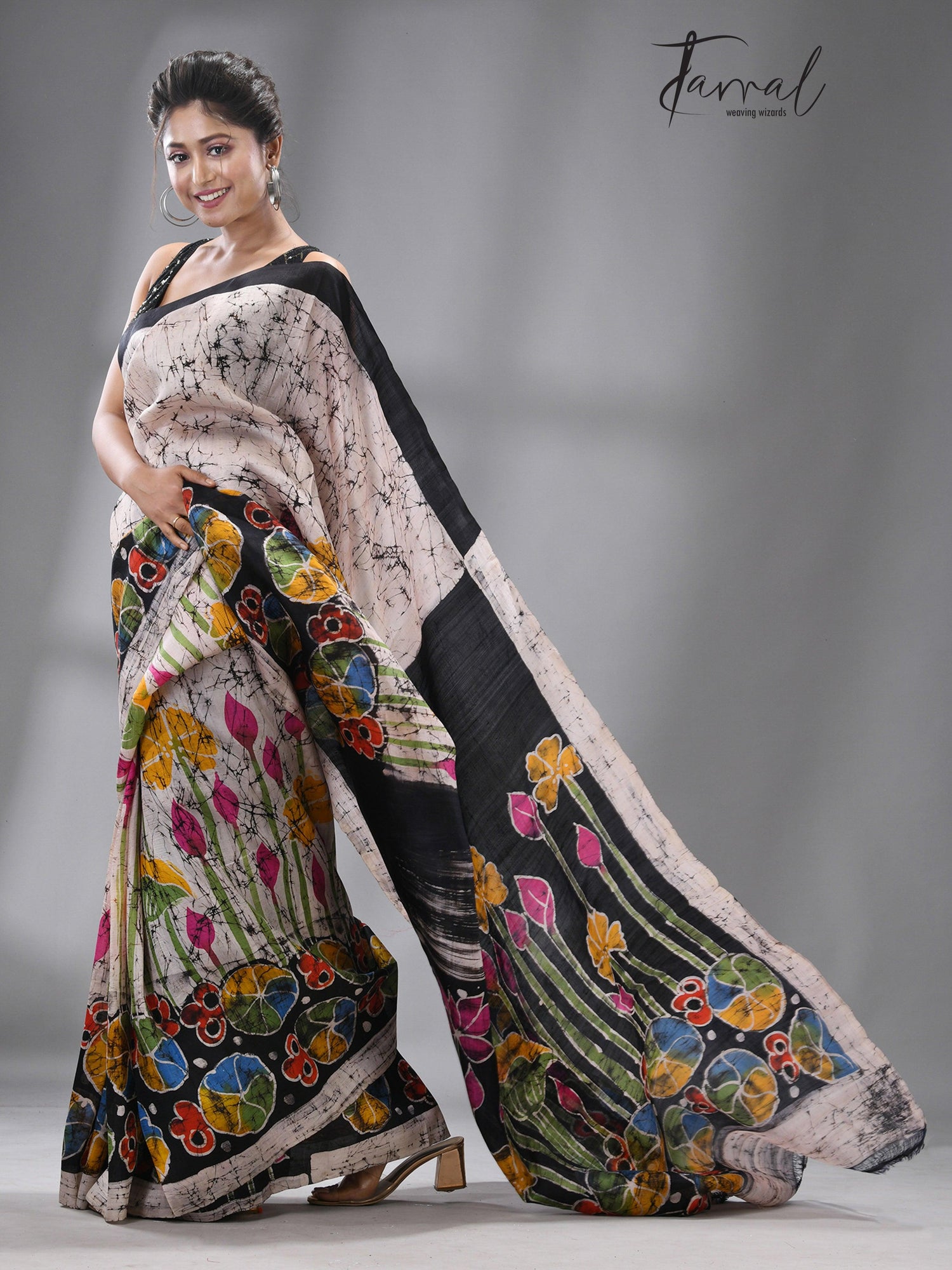 Offwhite with multicolour Ivory Lotus Blossom Batik Silk Saree