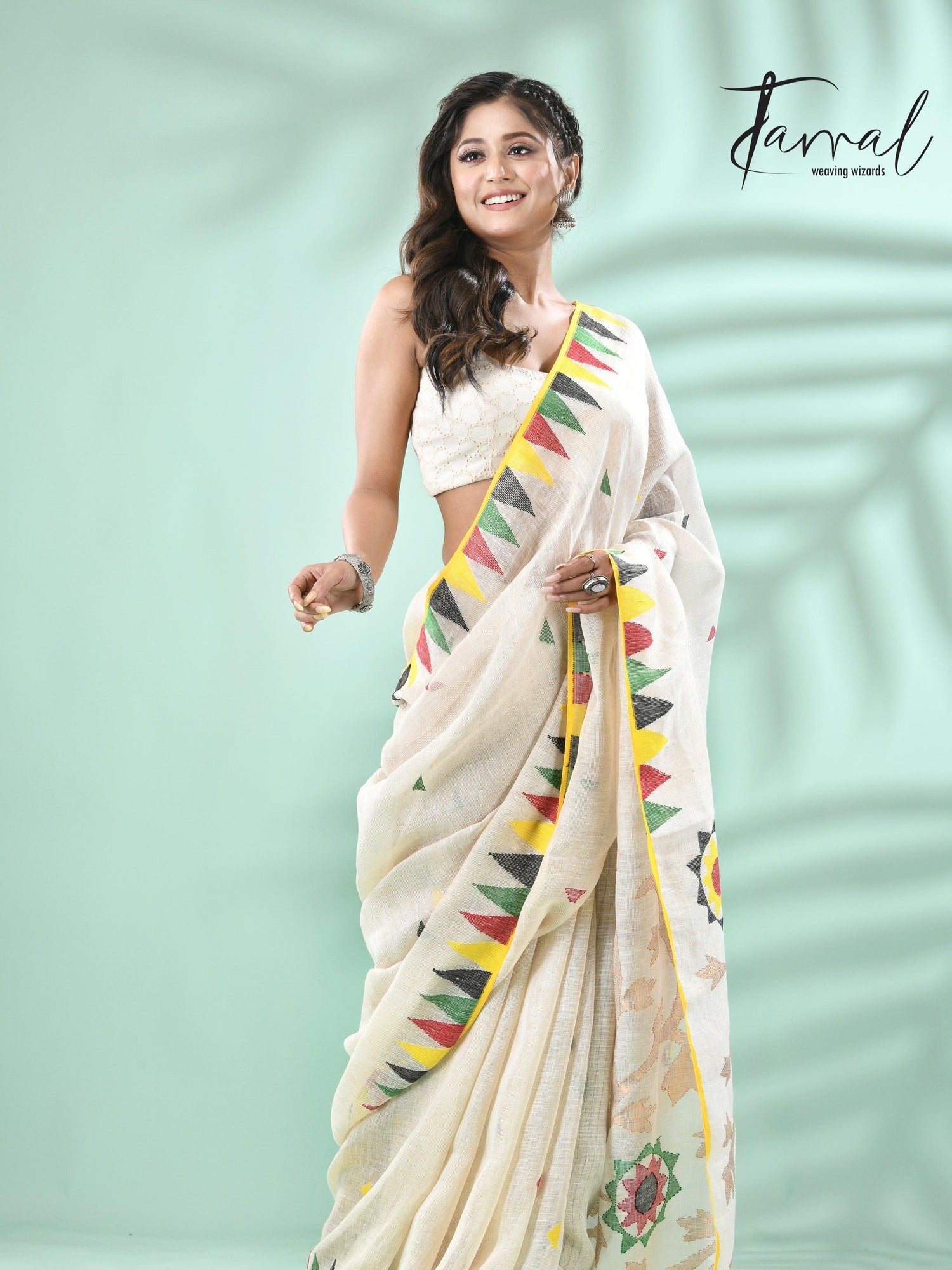Offwhite with multicolour border pure linen handwoven jamdani saree - Tamal Boutique