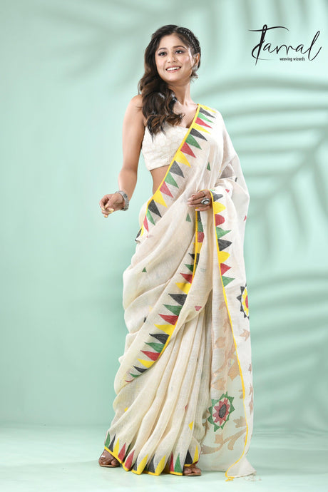 Offwhite with multicolour border pure linen handwoven jamdani saree - Tamal Boutique