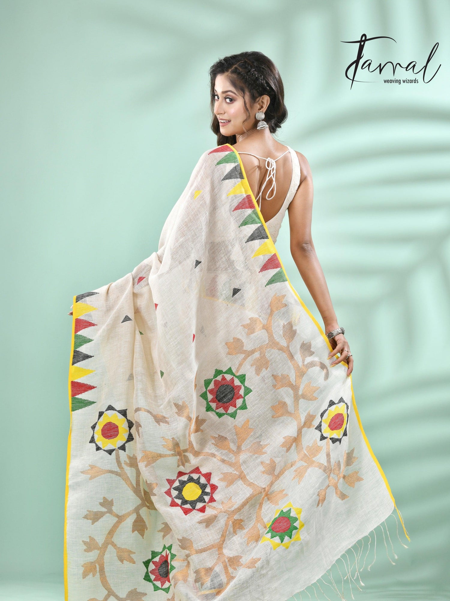 Offwhite with multicolour border pure linen handwoven jamdani saree - Tamal Boutique