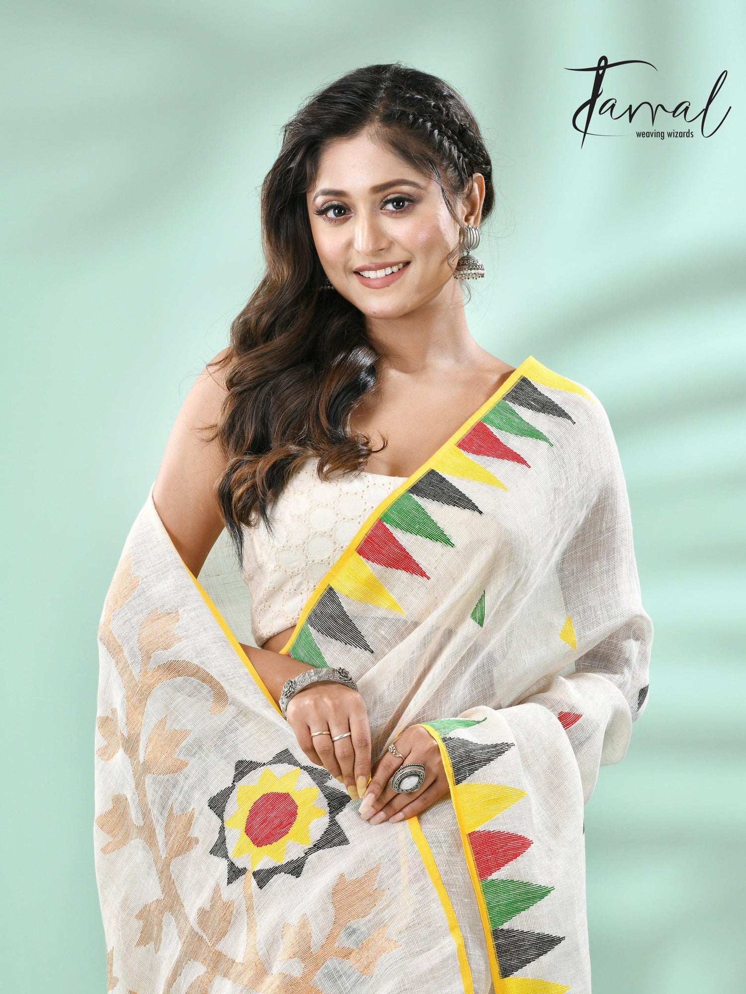 Offwhite with multicolour border pure linen handwoven jamdani saree - Tamal Boutique